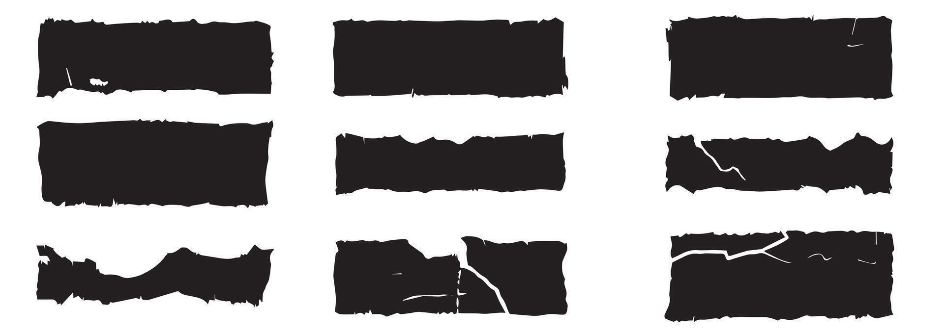 Torn paper frames with jagged edges. Black ripped paper sheet with scratch. Grunge frame collection for sticker, collage, banner. Illustration of rough shapes as retro design templates. vector