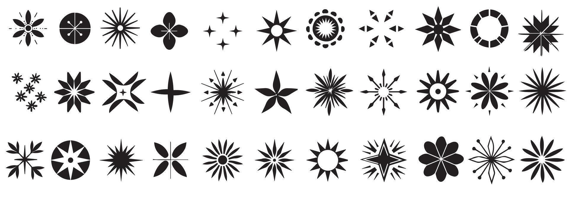 Y2k abstract shapes and figures. Hand drawn star sparkle shine of doodle set. Star shine twinkle glow, spark glitter, magic party light illustration. Hand drawn sketch doodle style line sparkle vector
