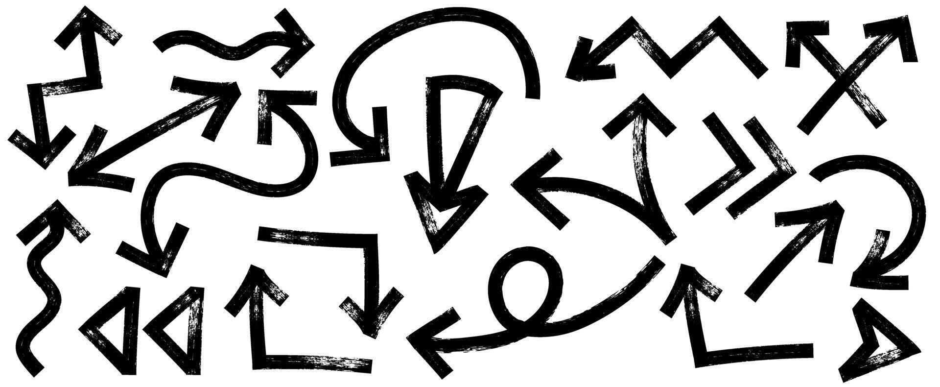 Brush, marker drawn bold arrows set. Collection of hand drawn doodle thick arrows in different directions. vector