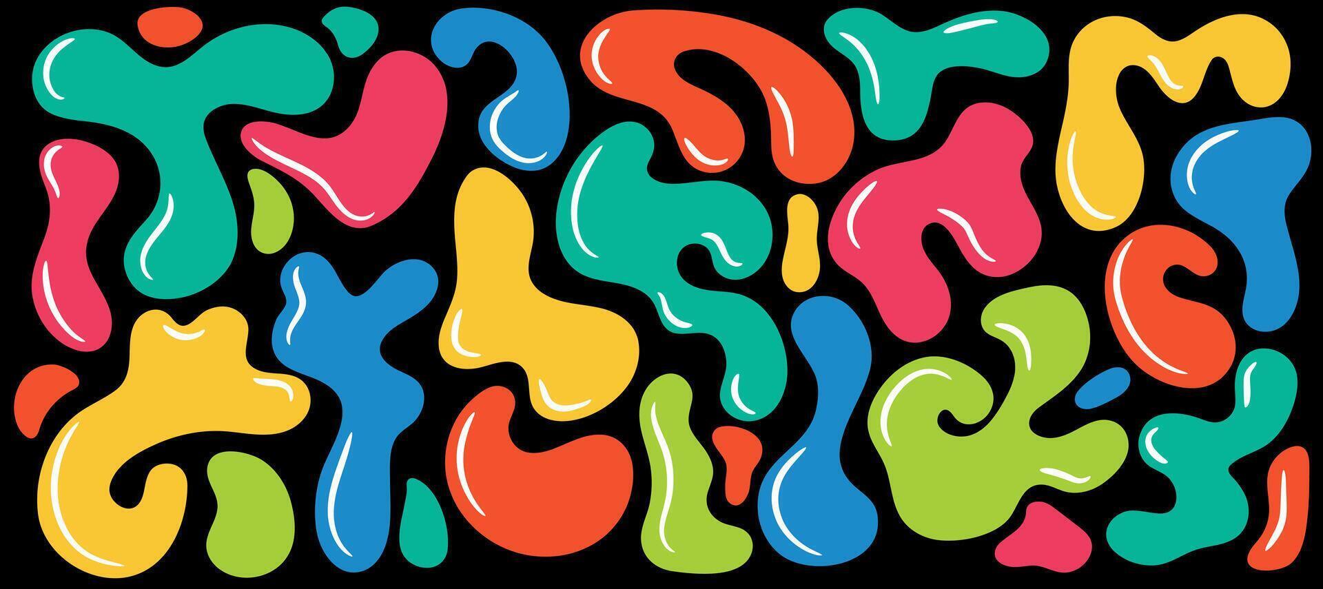 Set of colorful liquid abstract organic blob shapes. Wavy bubbles and drops in trendy y2k style vector