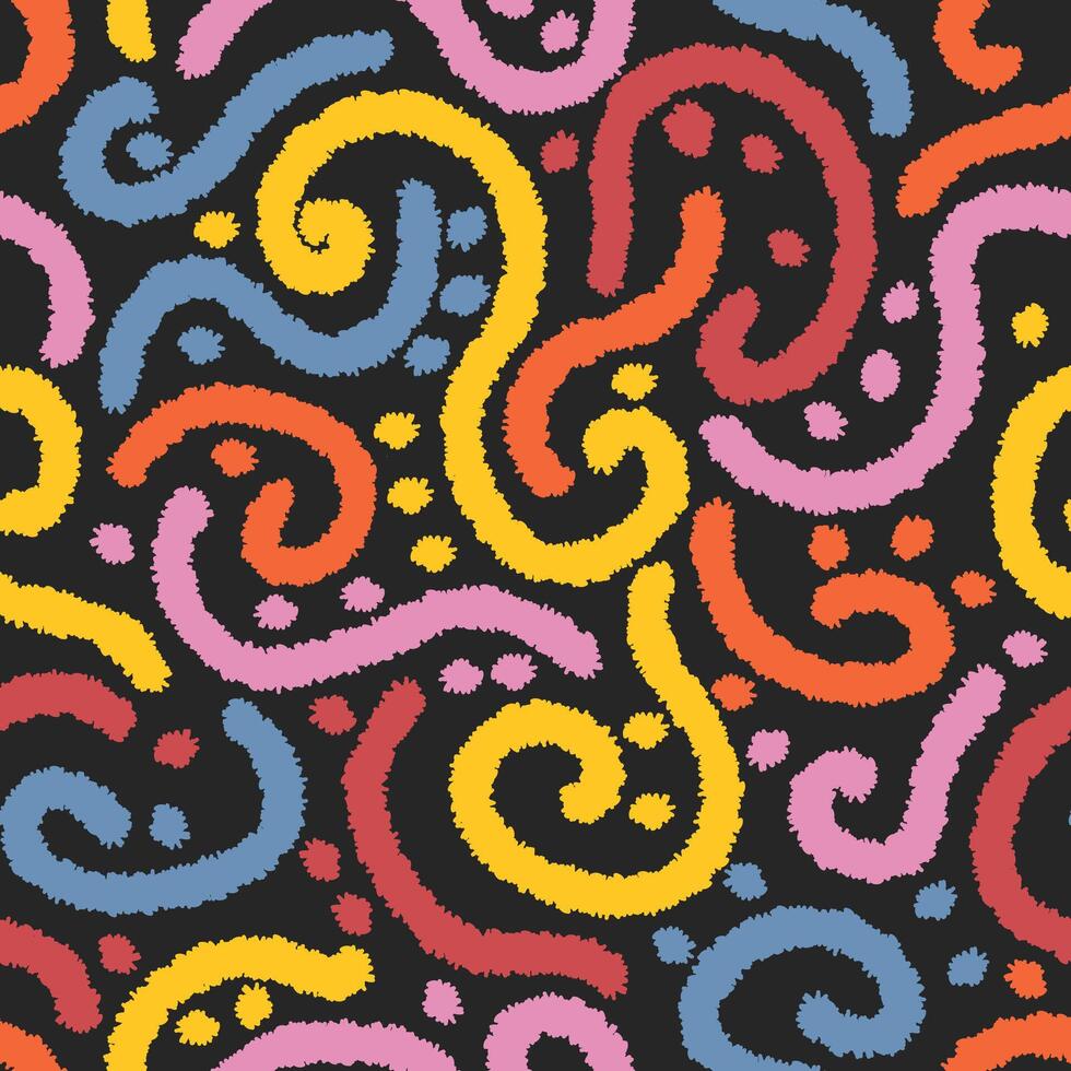 Seamless pattern with textured wavy and curly lines and dots. Abstract background with chalk drawing. Great for textile, fabric, wallpaper, wrapping, scrapbook and packaging vector