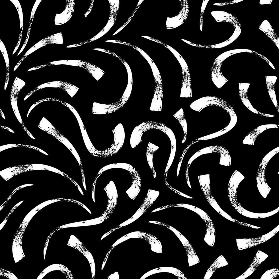 Seamless pattern with textured lines and curls. Chalk grunge curves on black. Abstract background with brush strokes vector