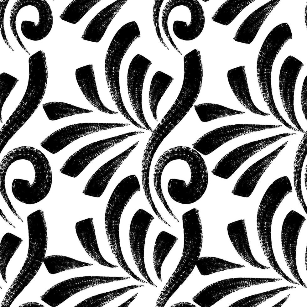 Seamless pattern with textured lines and curls. Black grunge curves printmaking texture. Vintage background with brush strokes vector