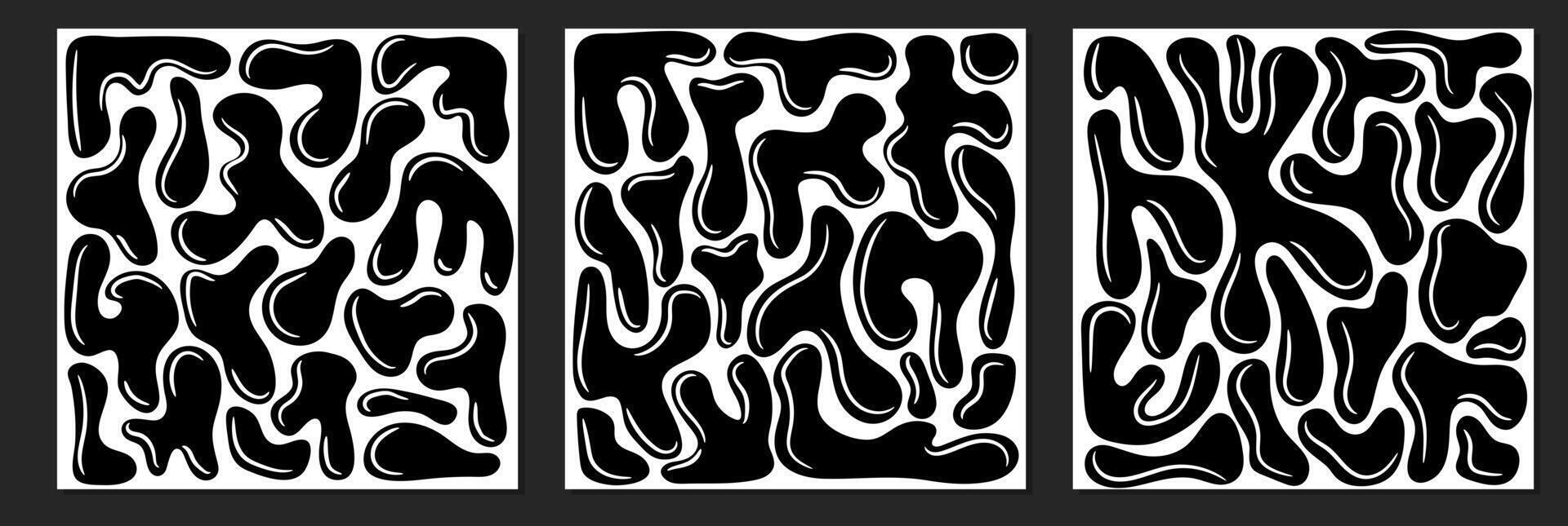 Set of square templates with black liquid abstract organic blob shapes. Wavy bubbles and drops in trendy y2k style. vector