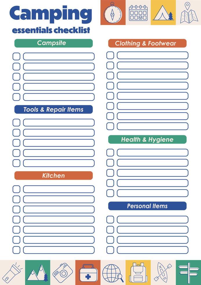 Camping packings checklist. Travel essentials list. Packing checklist for road trip, camping. Journey, vacation, active tourism. For travel guide, active tourists. Packing must haves for wandering. vector