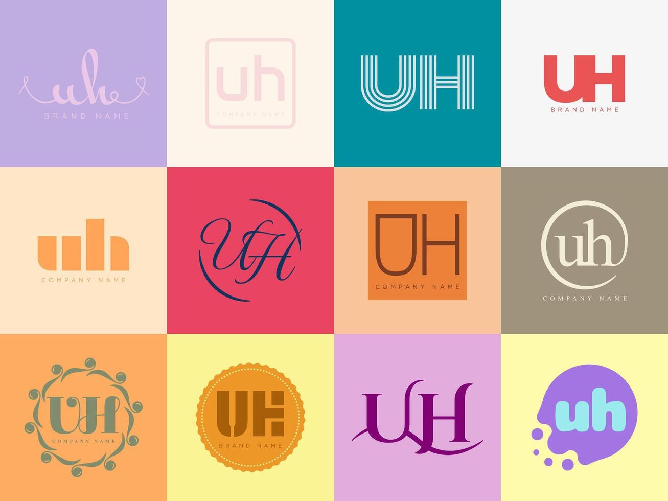 UH logo company template. Letter u and h logotype. Set different classic serif lettering and modern bold text with design elements. Initial font typography. vector