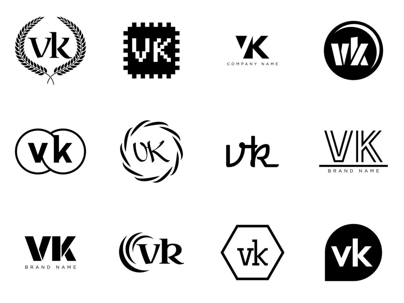 VK logo company template. Letter v and k logotype. Set different classic serif lettering and modern bold text with design elements. Initial font typography. vector