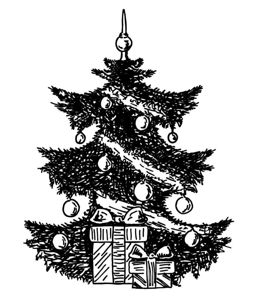 Hand drawn Christmas tree and gifts. Christmas Tree with Gift Boxes. Sketch illustration, drawing, engraving, ink, line art vector