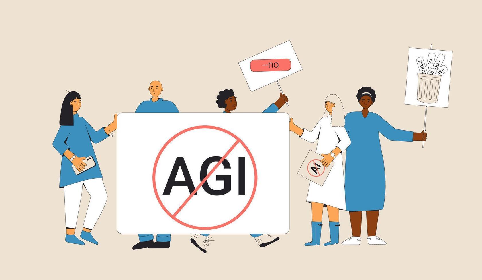 Anti artificial general intelligence. Young artists protest against working with AI vector