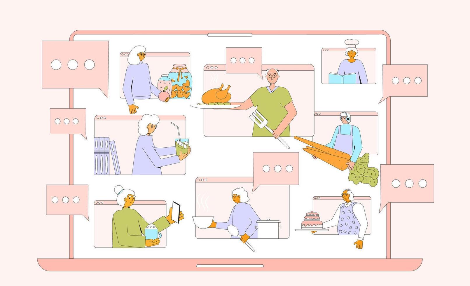 Cooking community club for older adults. Retired lifestyle with hobby and leisure activities. vector