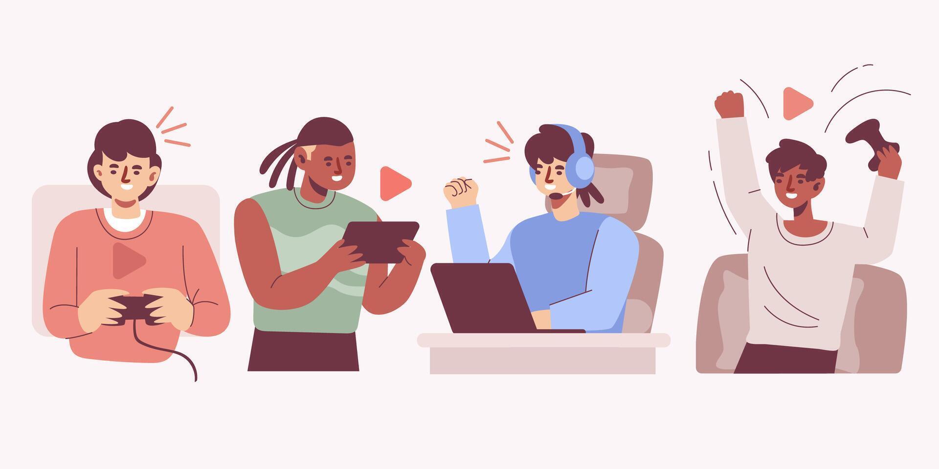 Enjoy gaming modern characters set isolated illustration vector