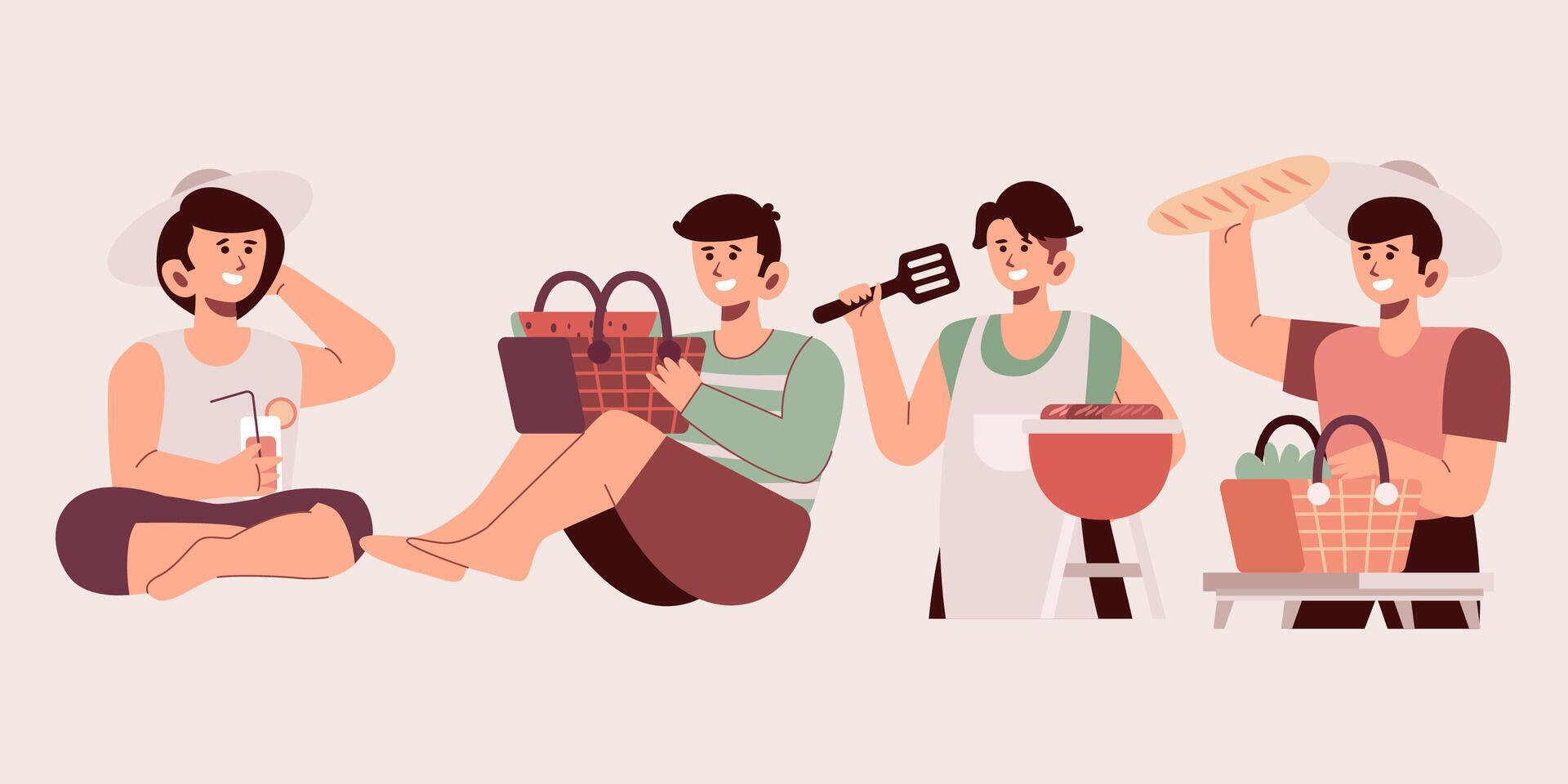 Outdoor picnic activity modern characters set isolated illustration vector