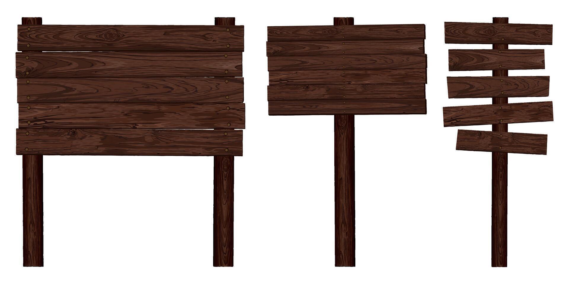 Blank signboard posts isolated made from walnut wood panels and held together with brass rivets graphic illustrated. Nameplate wooden texture isolated. vector