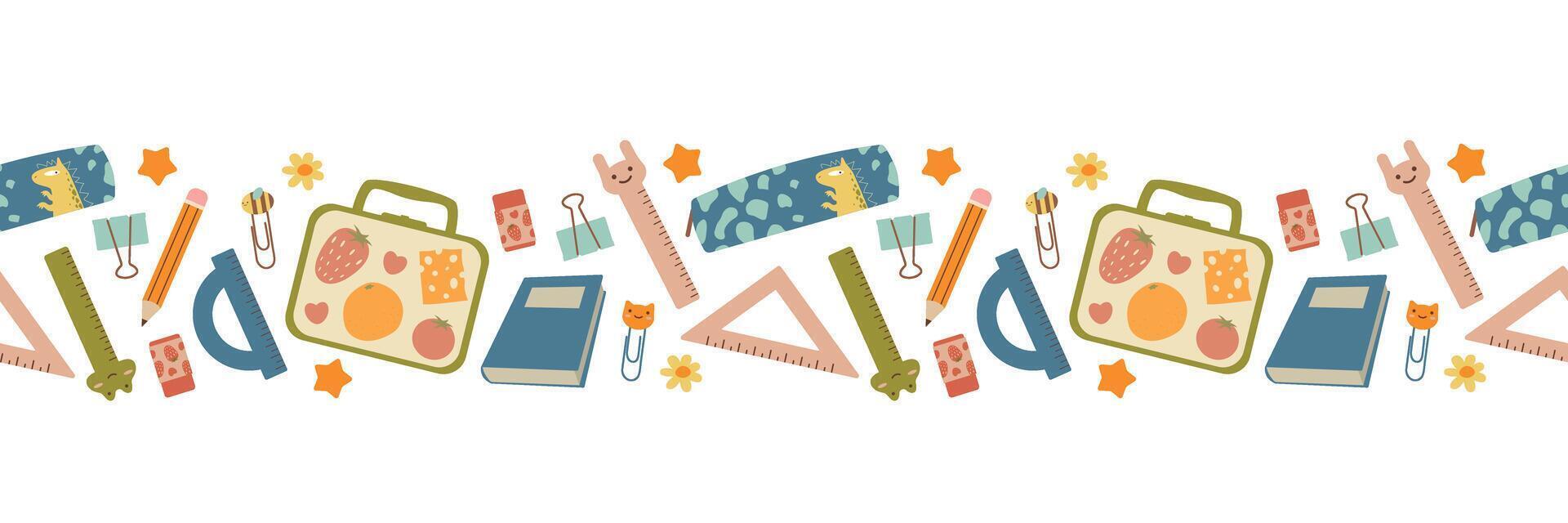 School seamless border. Stationery supplies in clip art style. Isolated illustration for your design vector