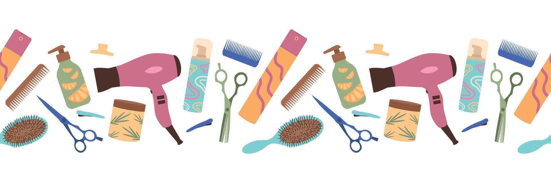 Hairdressing tools seamless border. Hair care and styling. Isolated illustration for your design vector