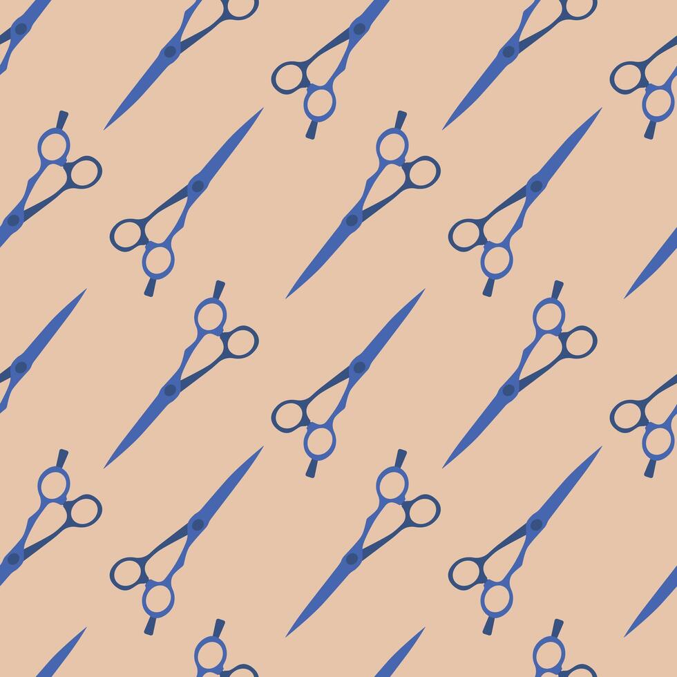 Haircutting scissors seamless pattern. Blue scissors on a beige background. pattern for your business. vector