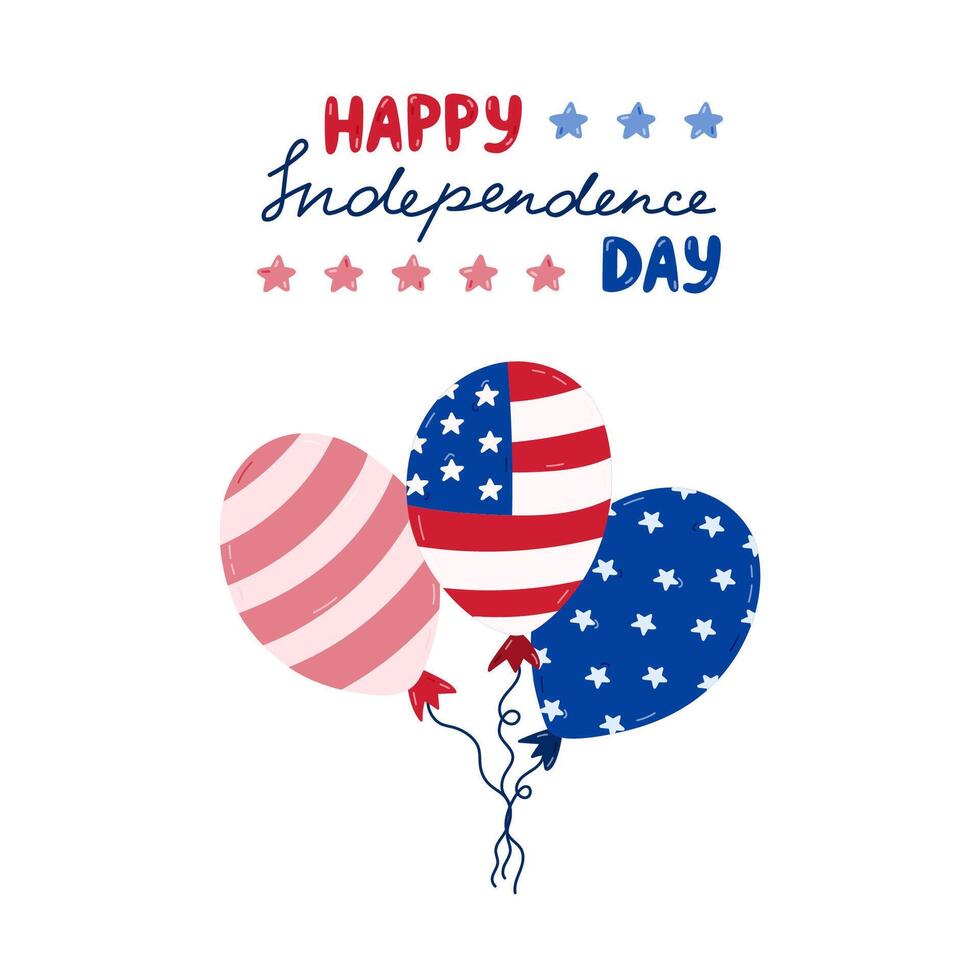 Happy Independence day poster with hand drawn lettering and cartoon clipart of balloons with American flag. Cute hand drawn national symbols and patriotic signs for 4th July for design, postcard. vector