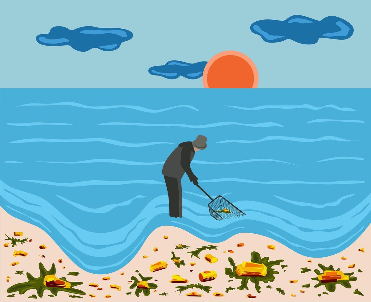 Man with black landing net looking for amber on a Baltic sea. A lot of amber stones with seaweeds on a sandy Baltic beach. Sun and clouds. Rainy day. Baltic sea. Flat design. Sunlight vector