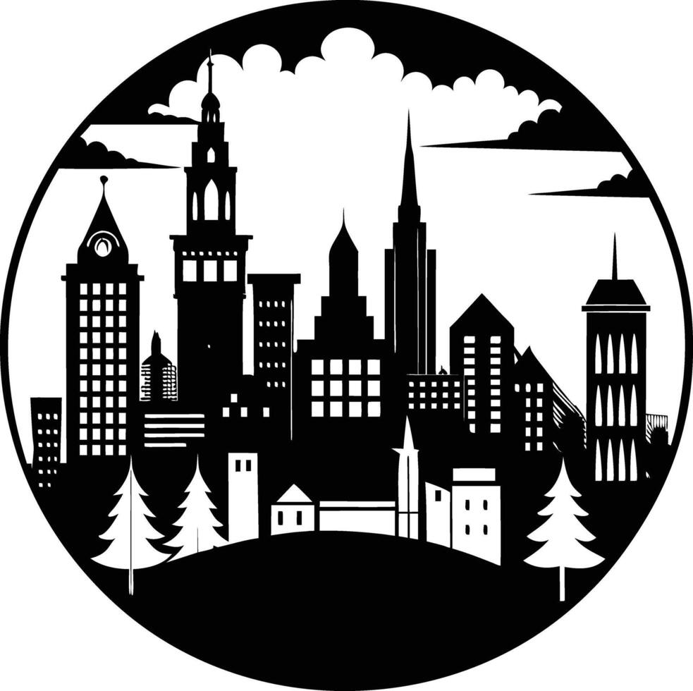 Cityscape illustration of city skyline with buildings and trees vector