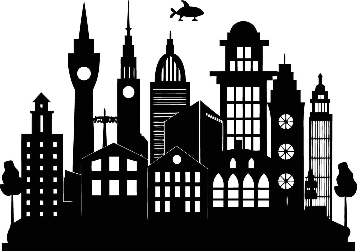 Cityscape illustration of city skyline with buildings and trees vector