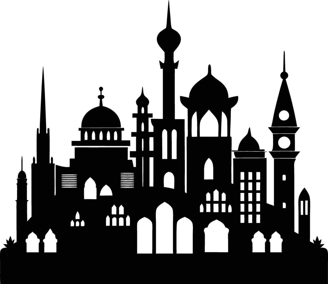 Cityscape illustration of city skyline with buildings and trees vector