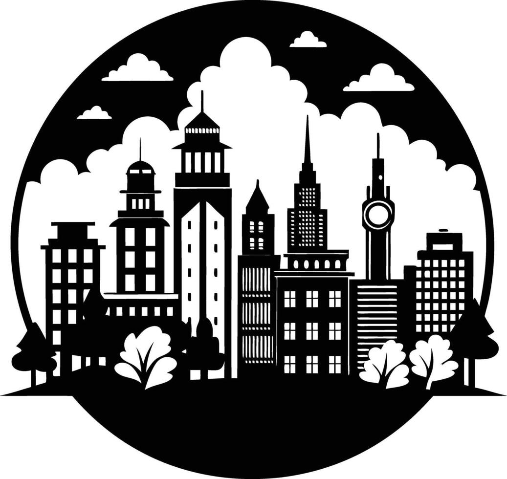 Cityscape illustration of city skyline with buildings and trees vector