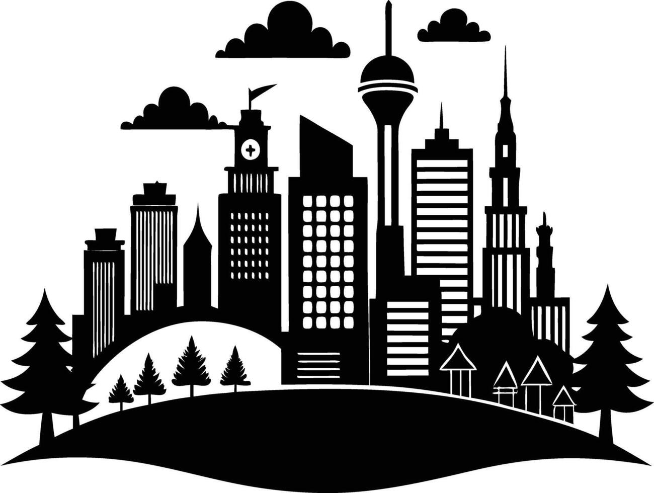 Cityscape illustration of city skyline with buildings and trees vector