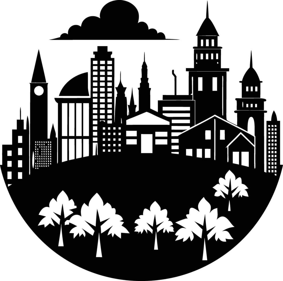 Cityscape illustration of city skyline with buildings and trees vector
