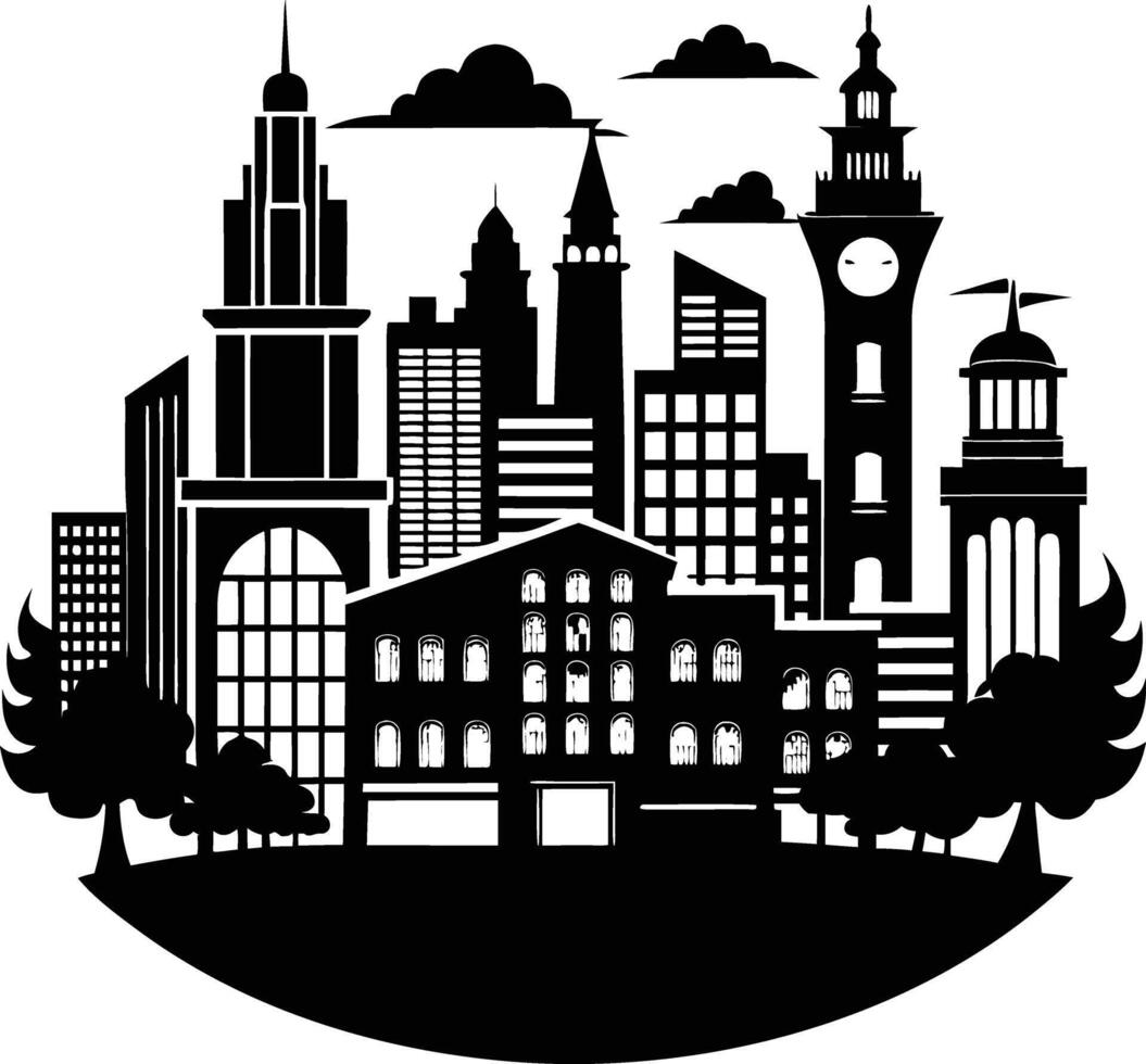 Cityscape illustration of city skyline with buildings and trees vector