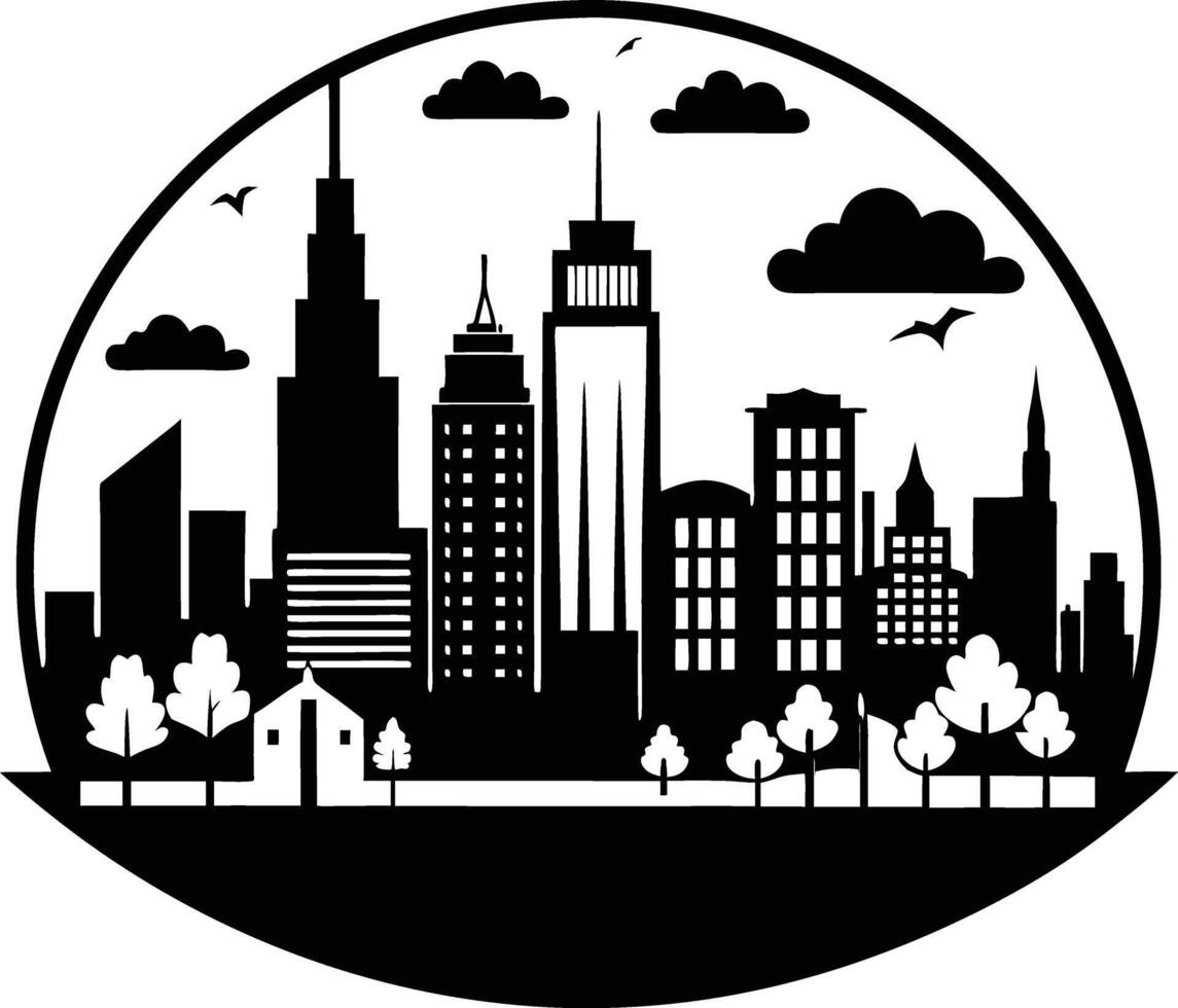 Cityscape illustration of city skyline with buildings and trees vector