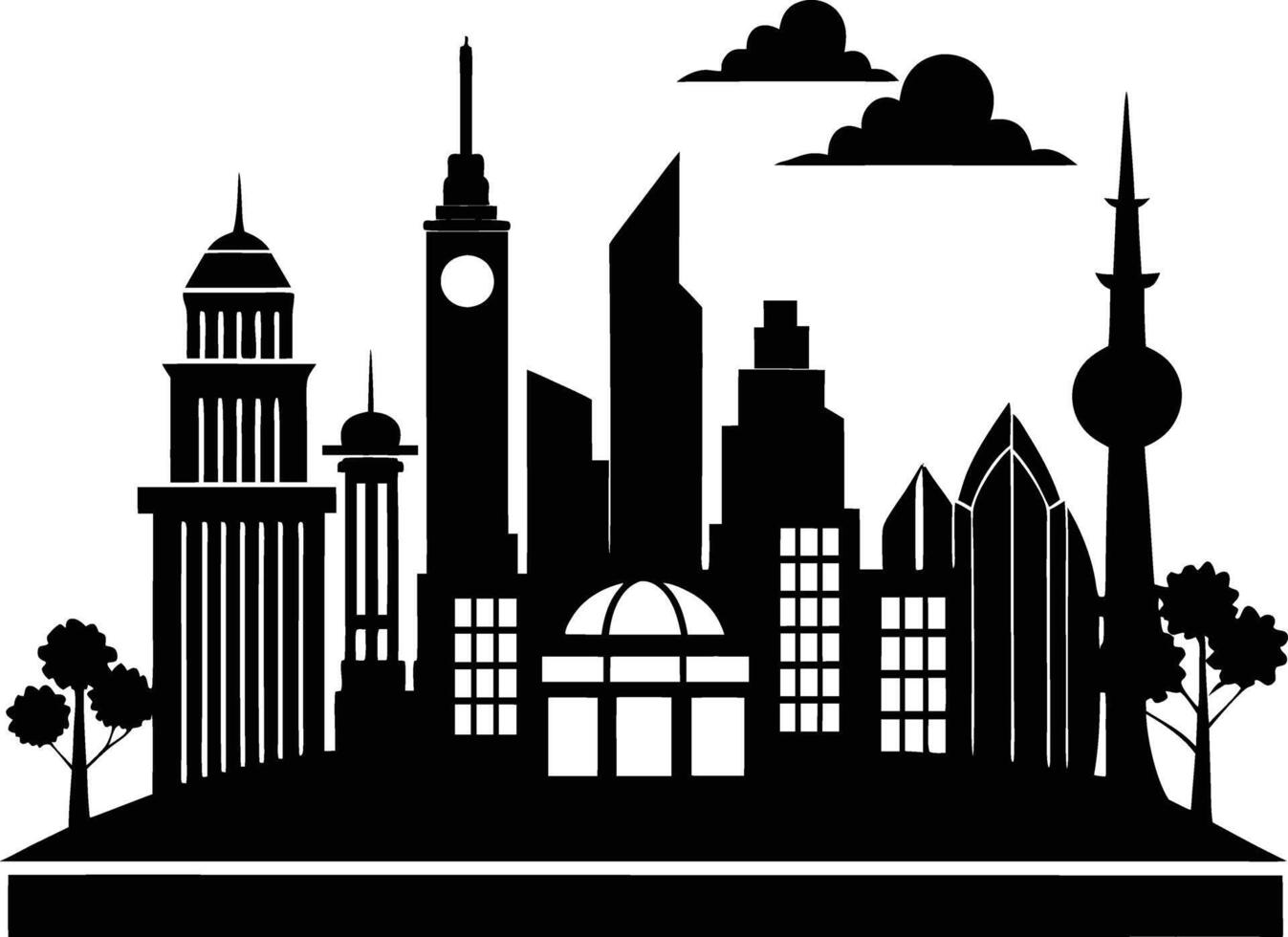 Cityscape illustration of city skyline with buildings and trees vector
