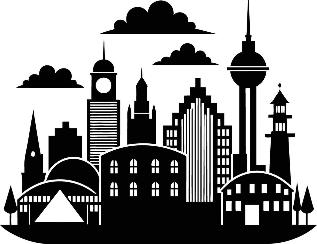 Cityscape illustration of city skyline with buildings and trees vector