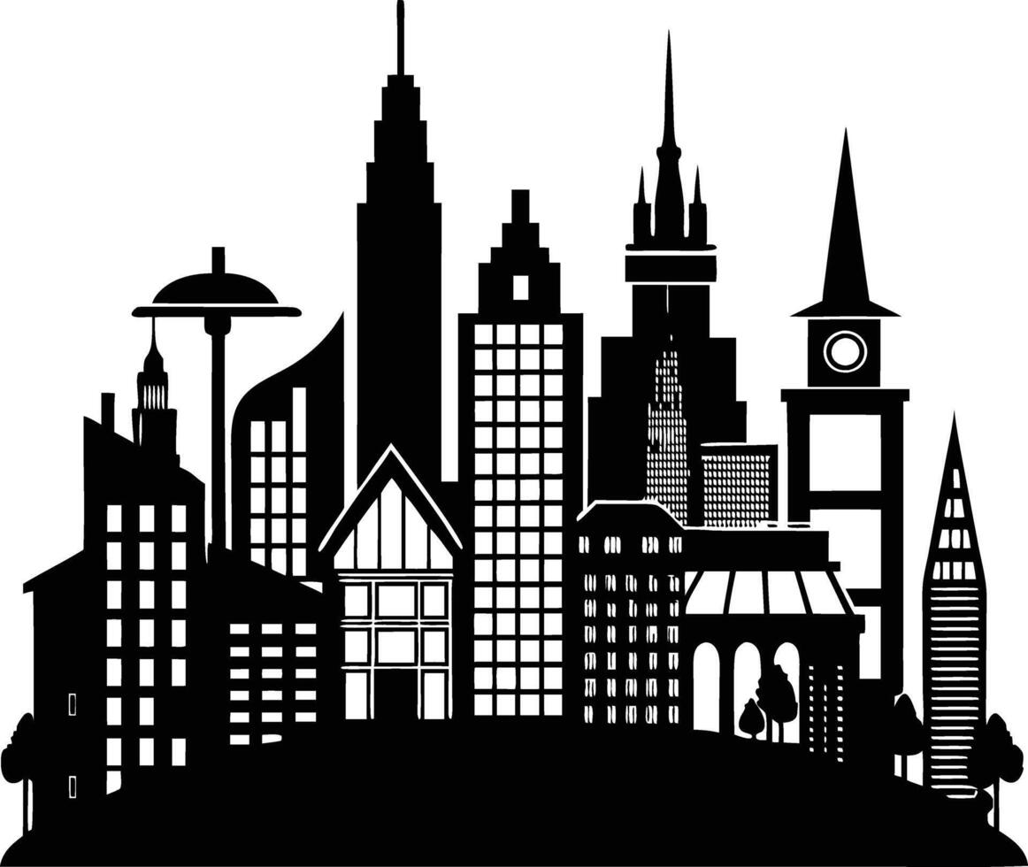 Cityscape illustration of city skyline with buildings and trees vector