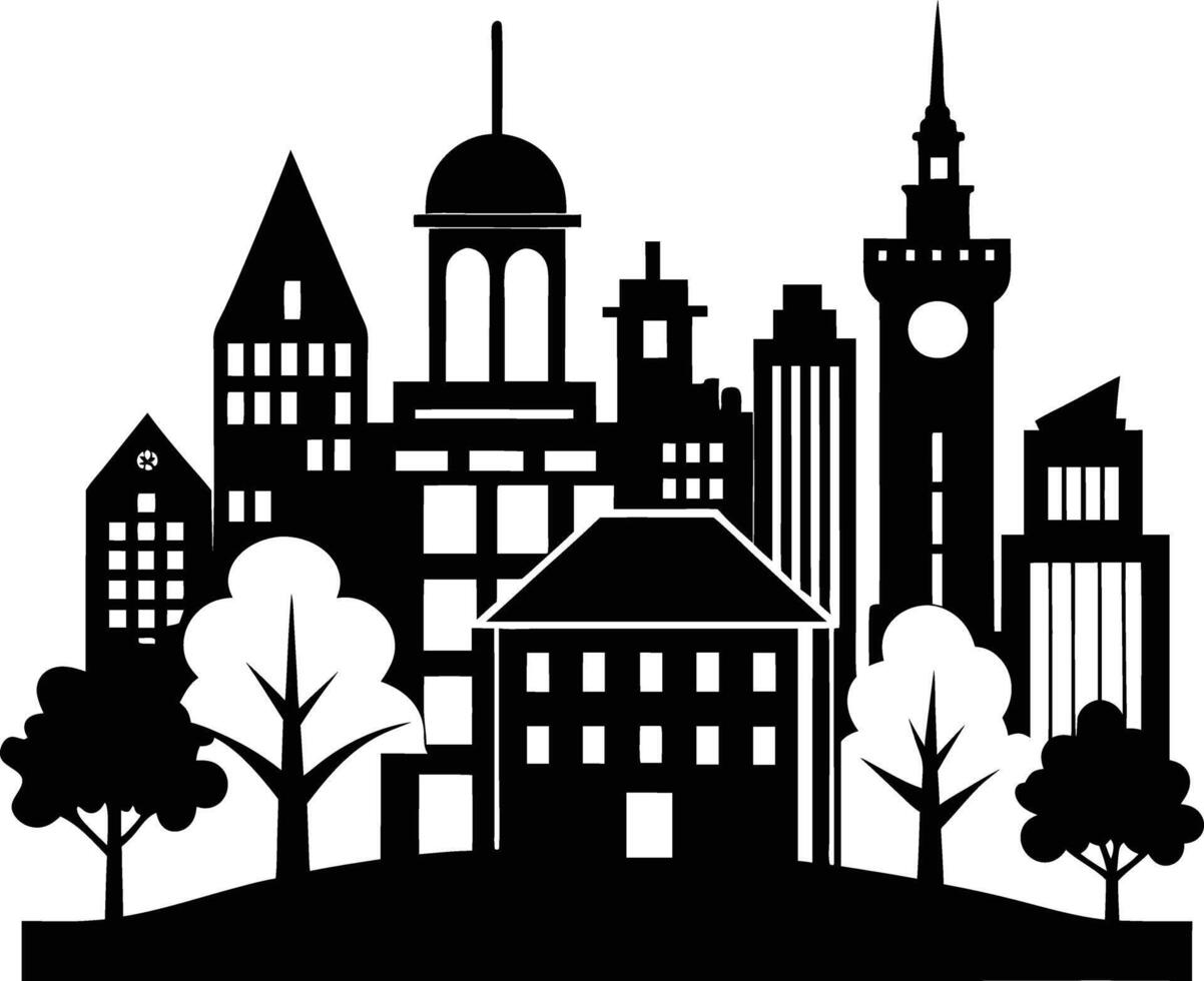 Cityscape illustration of city skyline with buildings and trees vector