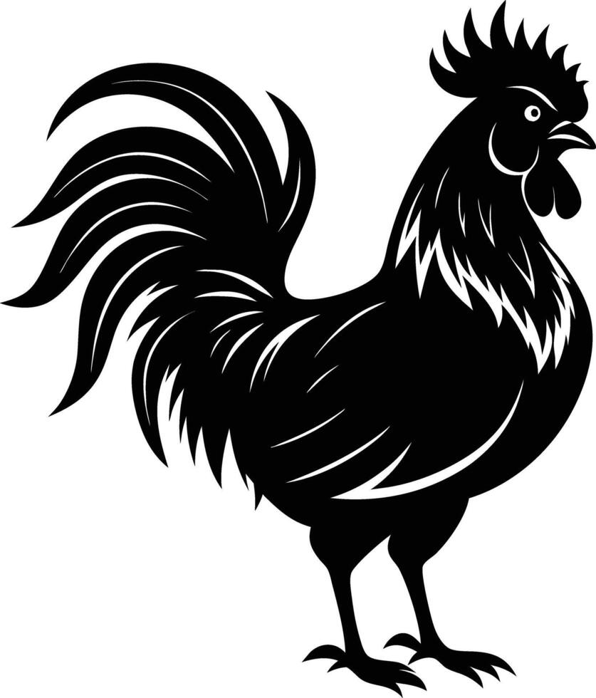 A black and white silhouette of a rooster vector