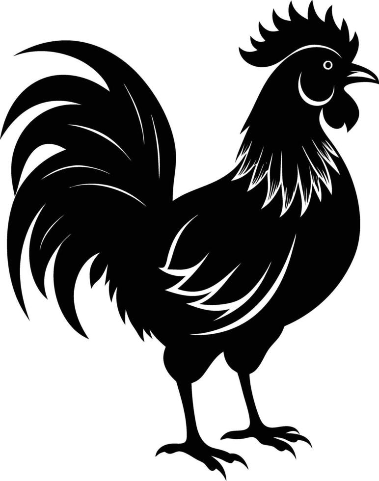 A black and white silhouette of a rooster vector