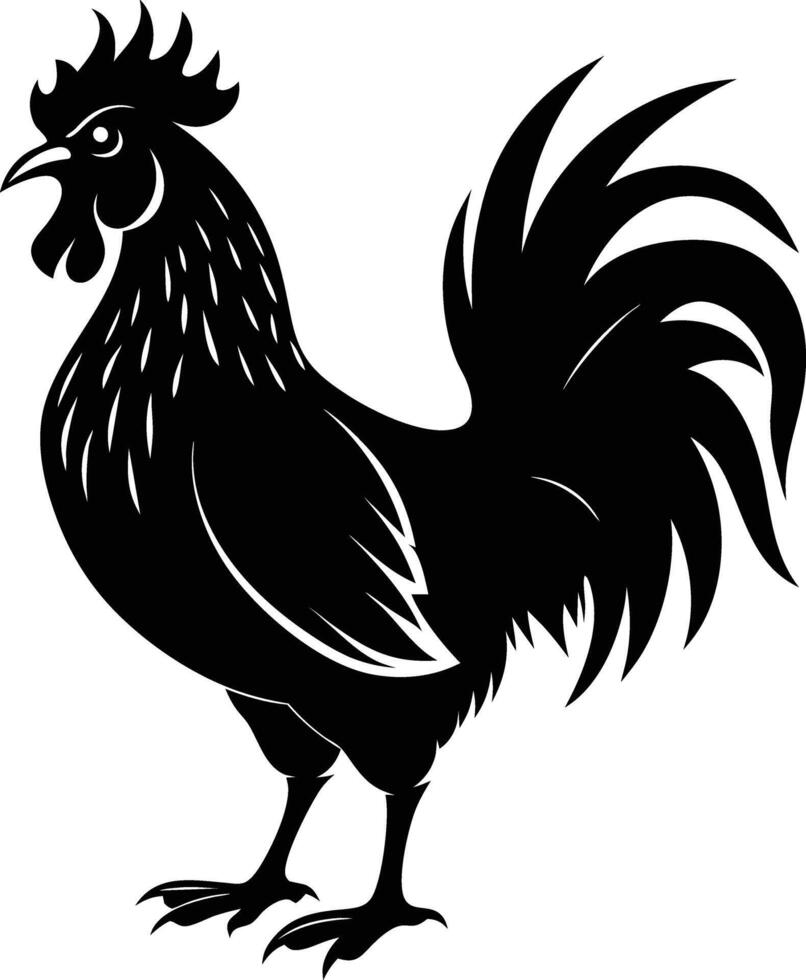 A black and white silhouette of a rooster vector