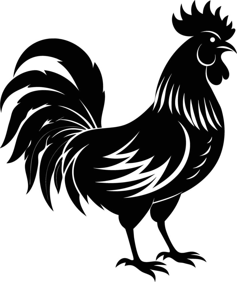 A black and white silhouette of a rooster vector