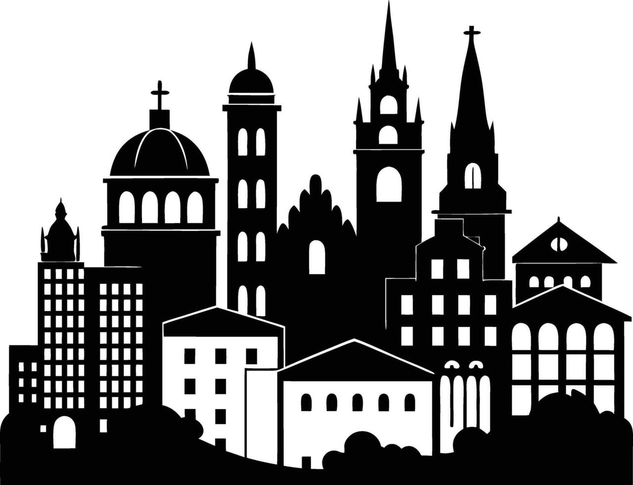 Cityscape illustration of city skyline with buildings and trees vector