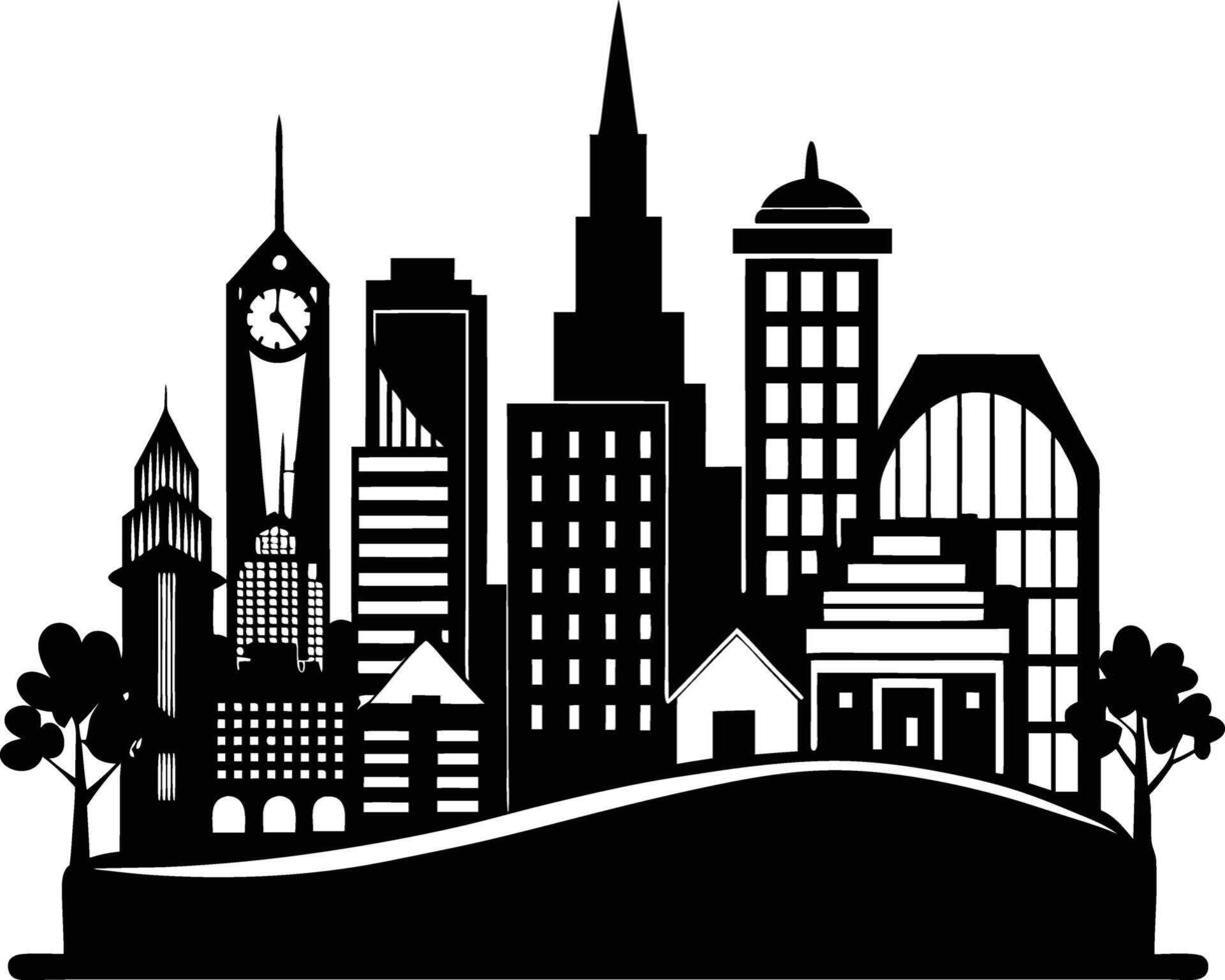 Cityscape illustration of city skyline with buildings and trees vector