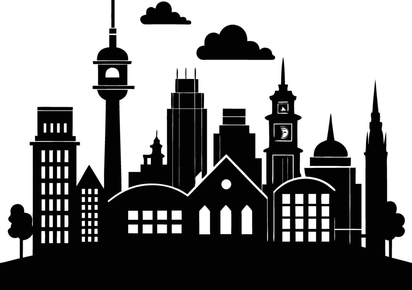 Cityscape illustration of city skyline with buildings and trees vector
