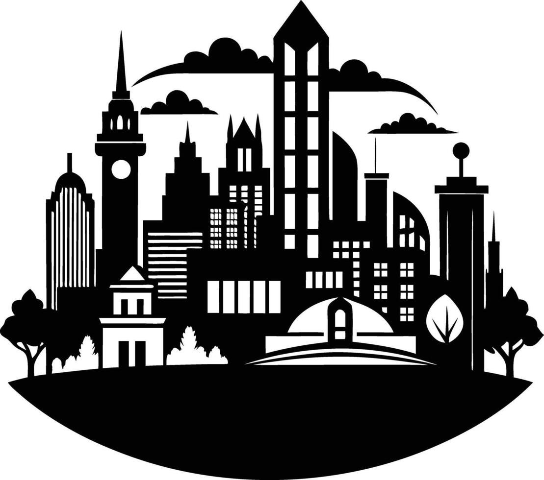 Cityscape illustration of city skyline with buildings and trees vector