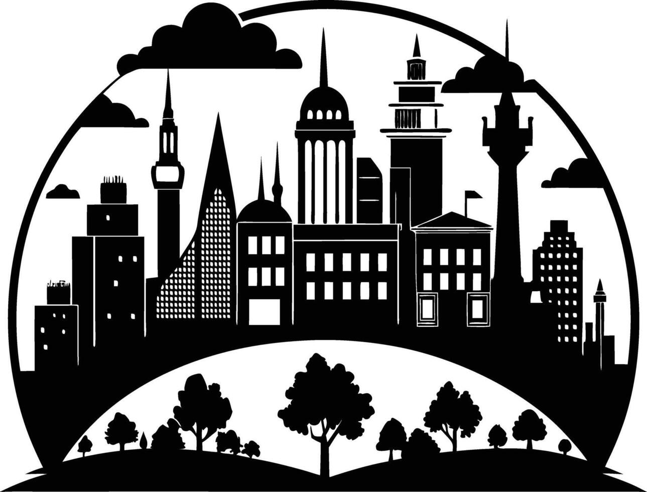 Cityscape illustration of city skyline with buildings and trees vector