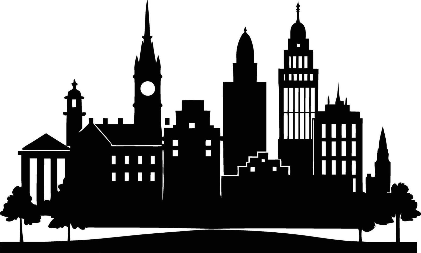 Cityscape illustration of city skyline with buildings and trees vector