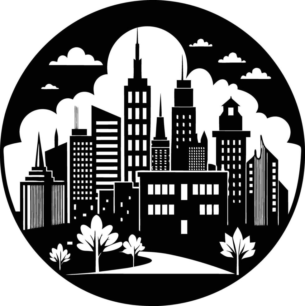 Cityscape illustration of city skyline with buildings and trees vector