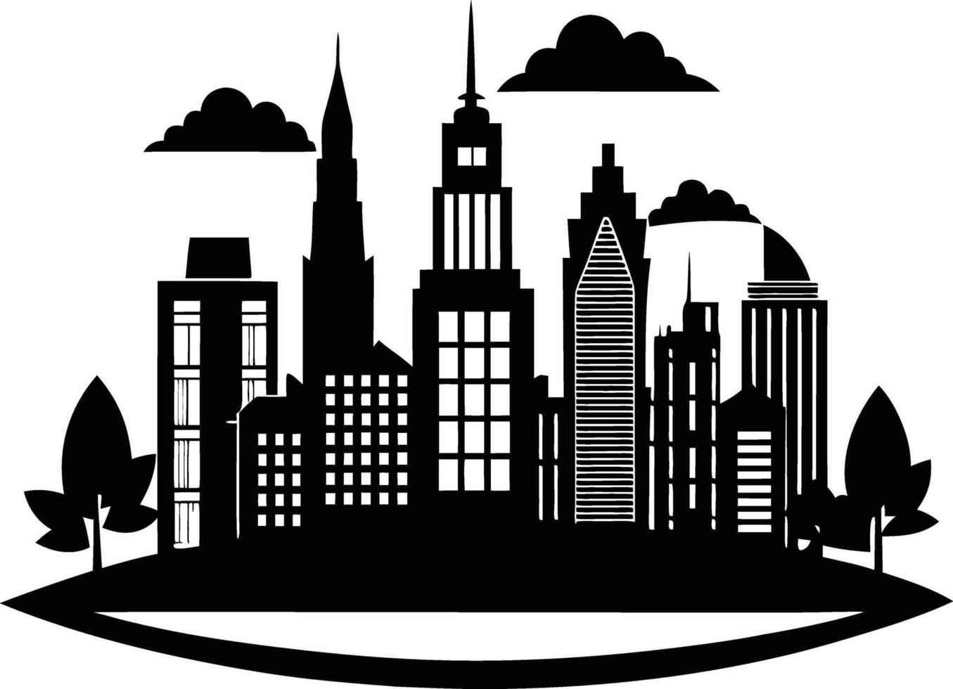 Cityscape illustration of city skyline with buildings and trees vector