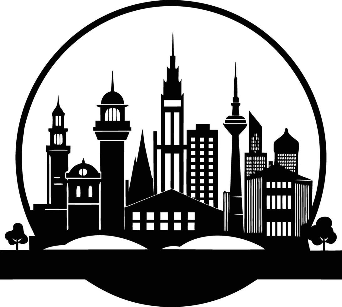 Cityscape illustration of city skyline with buildings and trees vector