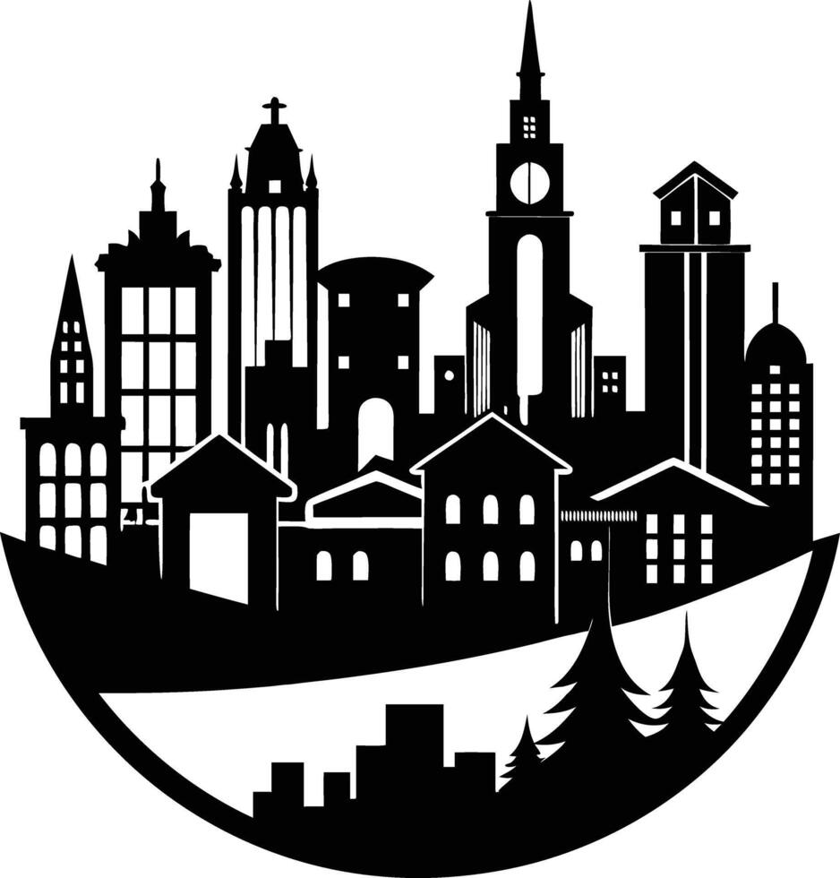 Cityscape illustration of city skyline with buildings and trees vector