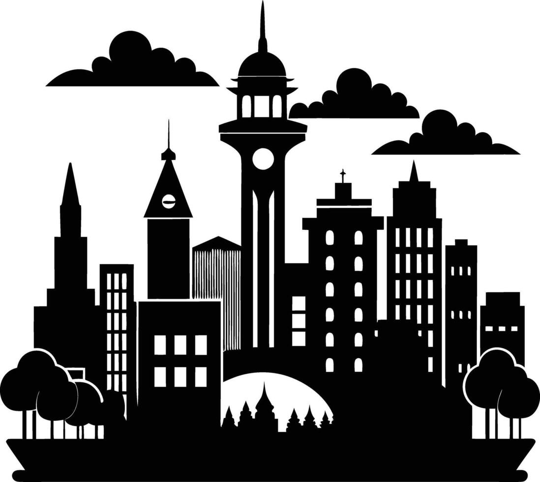 Cityscape illustration of city skyline with buildings and trees vector