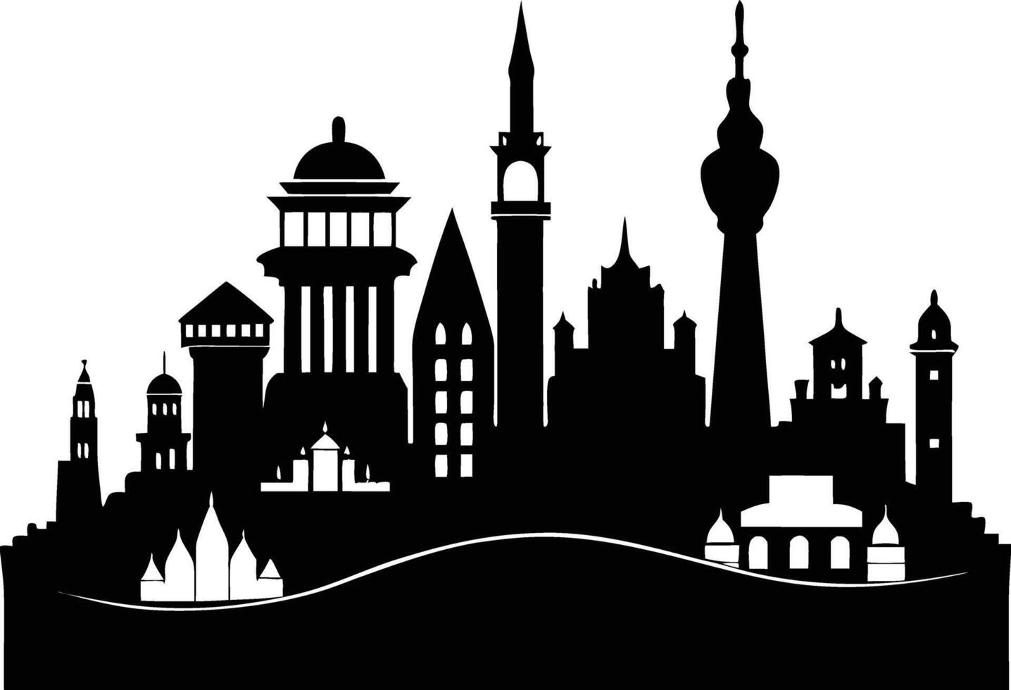 Cityscape illustration of city skyline with buildings and trees vector